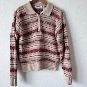 Sienna Vintage Fair Isle Quarter Zip Womens L Ramie Cotton Sweater Cottagecore